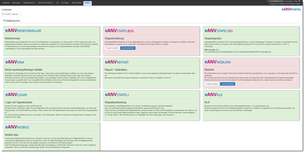 eANVportal - Übersicht Zusatzfunktionalitäten