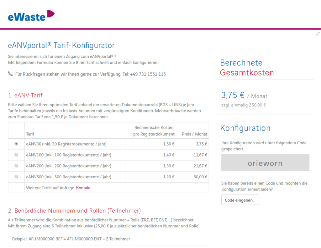 eANVportal Tarif-Konfigurator