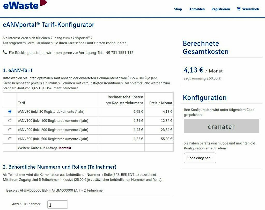 eANVportal Tarifkonfigurator