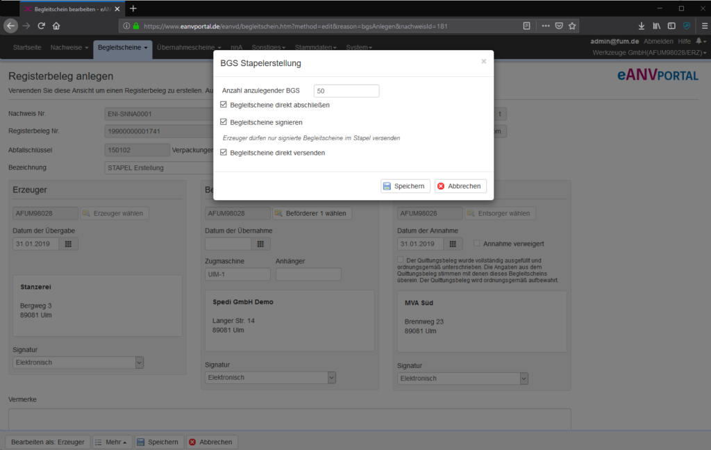 eANV Begleitscheine im Stapel bearbeiten
