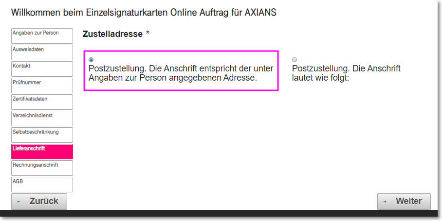 Lieferanschrift - bekannte Adresse