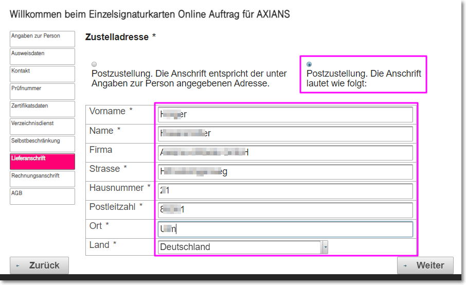 Lieferanschrift - neue Adresse